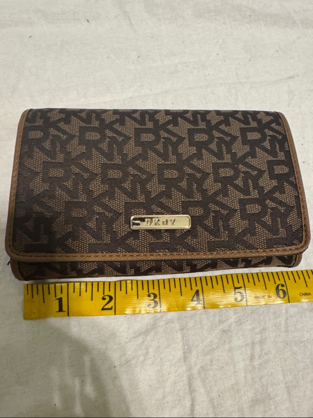 DKNY Brown Monogram Compact Trifold Wallet with Gold Plaque